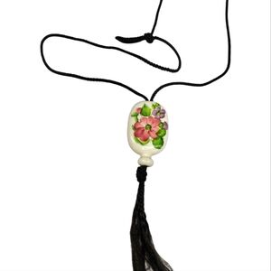 Hand-Painted Ceramic Floral Pendant Necklace with Black Tassel | Cottagecore